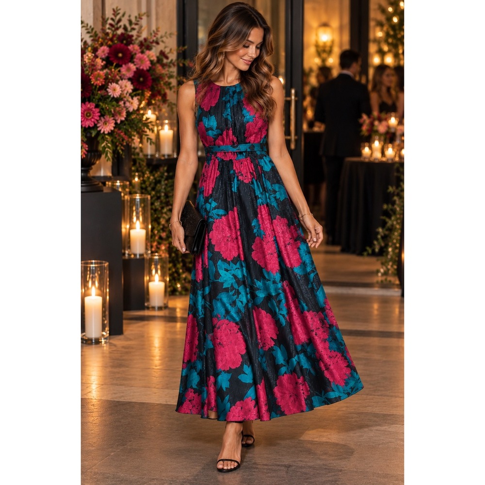 NWT Alexa B Nites Size 6 Floral Maxi Dress Belted Shimmer Formal Party Gown